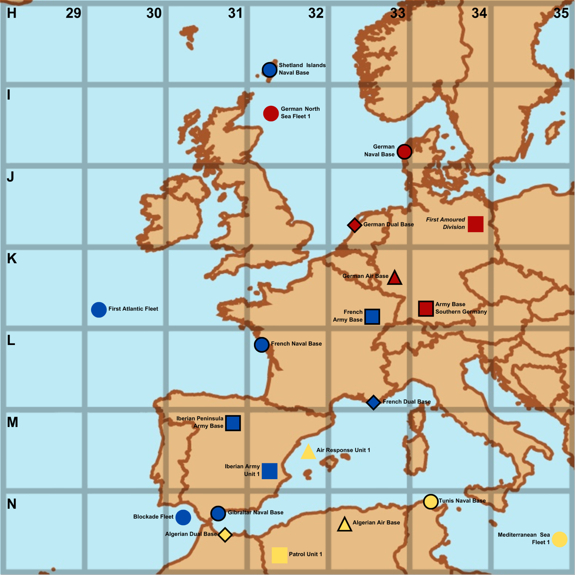 Example of the current layered map system, showing territorial boundaries, grid cells, and military assets. As with all development material shown in these logs, the design remains a work in progress and is subject to change as development continues.